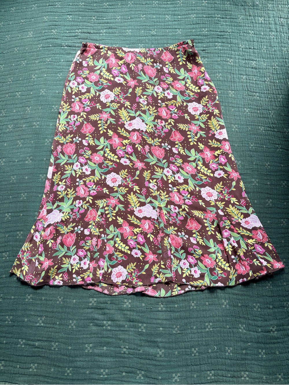 Elementz Brown Midi Skirt with Pink & Green Floral Print